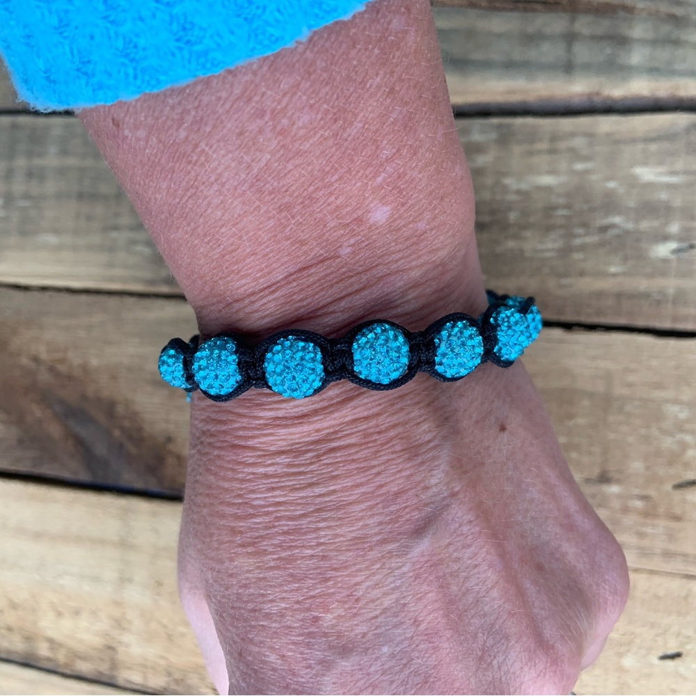 Shambala Bracelet Made with Real Swarovski Crystals Adjustable Length Aqua Blue